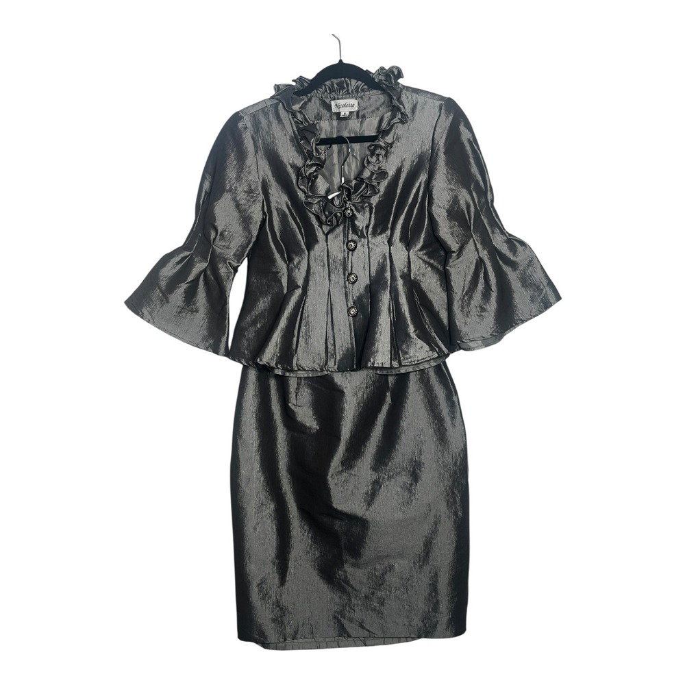 Nicolette Womens‎ Metallic Gunmetal Ruffle Bell Sleeve Skirt Suit Set Size 8